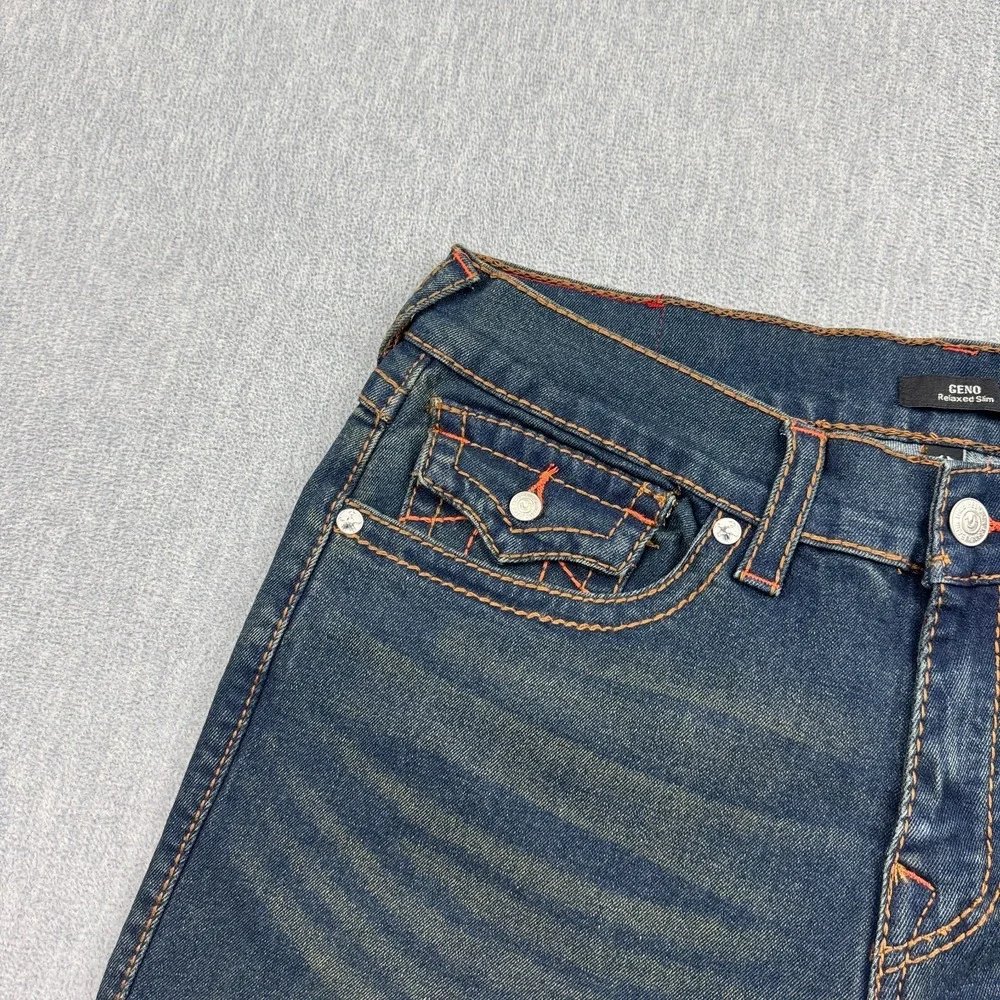 True Religion Jeans Mens 34X33 Blue Geno Big T Flap Pocket Slim Stretch Pant NWT